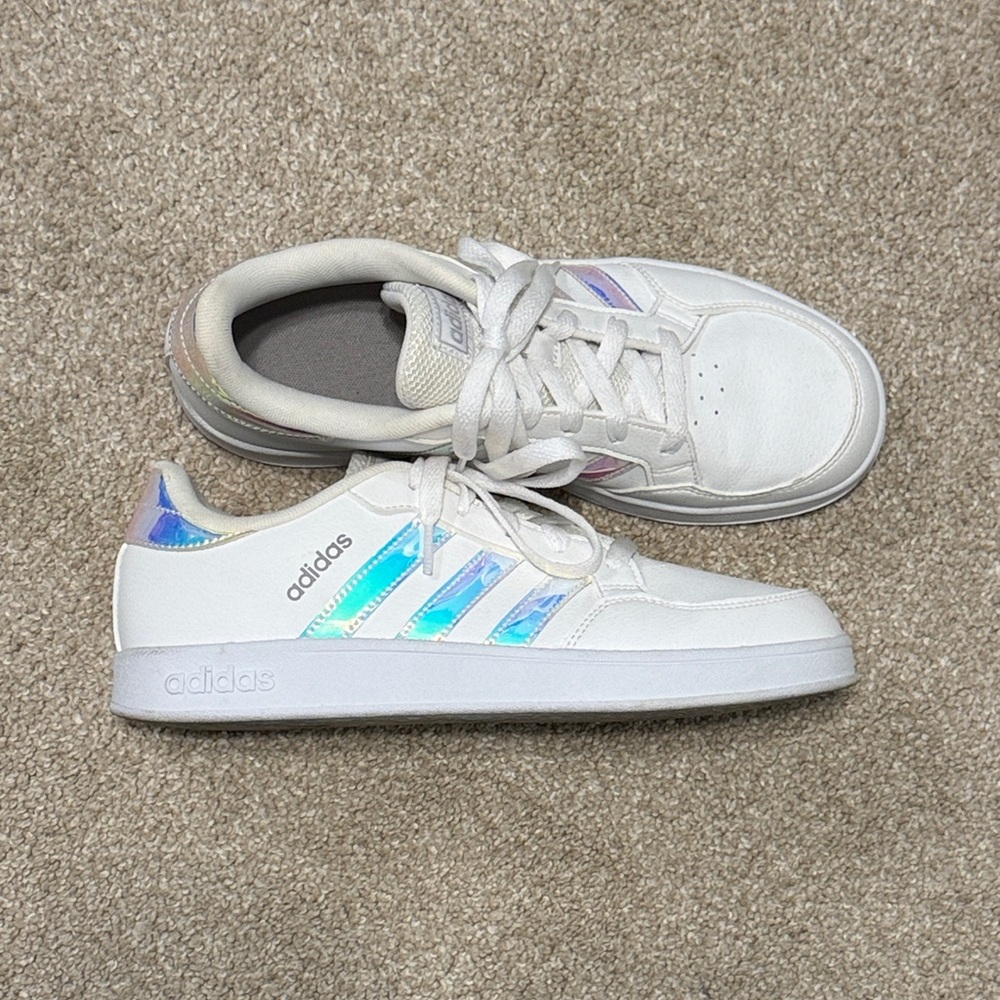 Adidas Kids White Sneakers with Iridescent Stripes